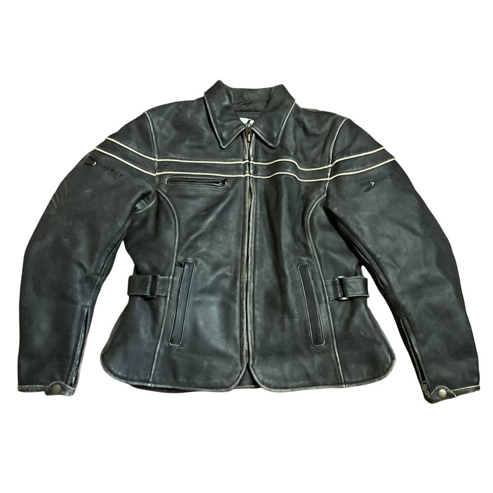 Joe Rocket Black Leather Motorcycle Jacket Size L Quilted Zip Out Lining Womens